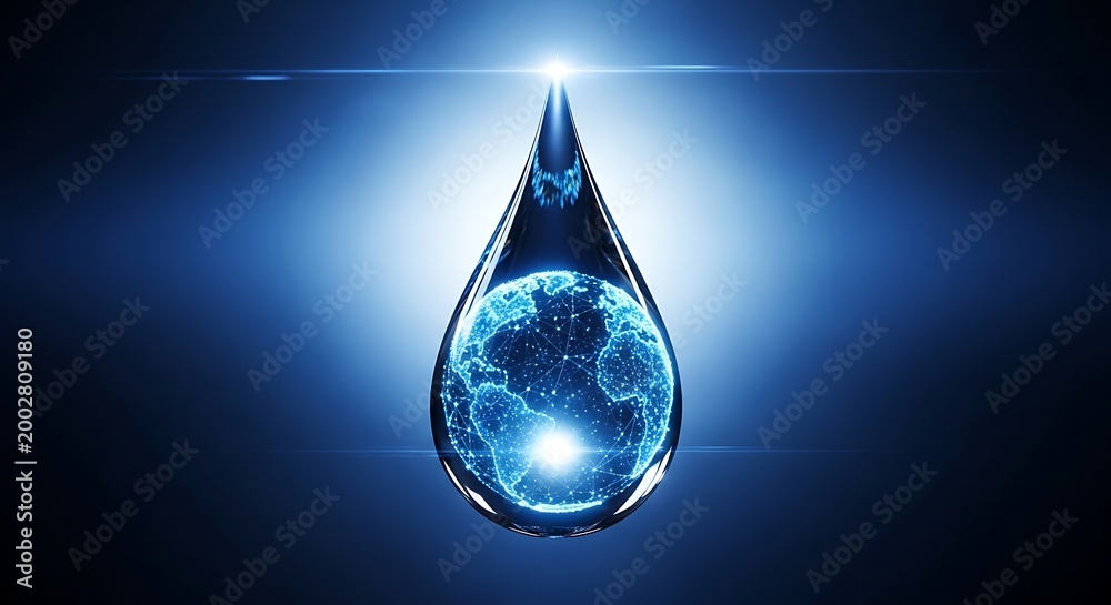 Fototapeta premium Digital earth globe inside a water drop on a dark blue background
