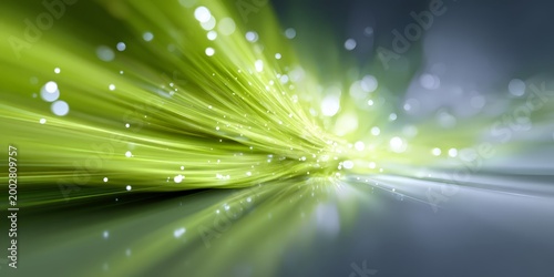 Dynamic green speed streaks with glowing particles on reflective surface for energy abstract background and tech banner design