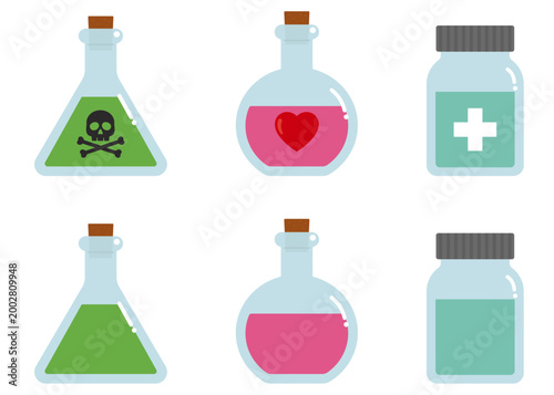 瓶に入った薬のイラストセット。毒薬や劇薬。惚れ薬。液体の薬。