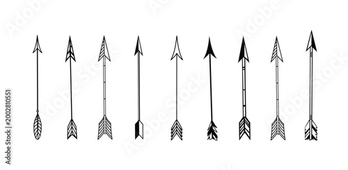 Set of Tribal arrows. Set of decorative hand drawn arrows featuring unique tribal patterns. Set of ornate tribal arrows and separate, vector illustration.