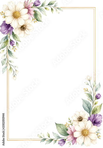 Elegant Floral Wedding Invitation Template with Purple Flowers and Gold Frame