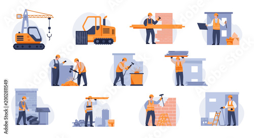 Construction Site Workers in Action with Equipment.