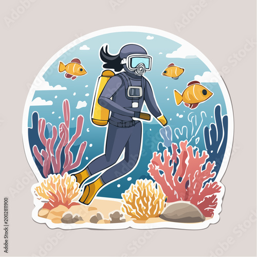 Cartoon Diver Exploring Coral Reef with Fish