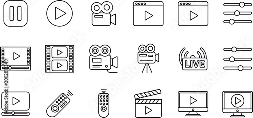 Set of Video and Media Icons Featuring Play, Pause, Camera, Film, Remote, and Live Broadcast for Entertainment, Streaming, and Digital Media Designs