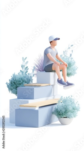 Young man sitting on geometric steps surrounded by plants for lifestyle app background and ui banner