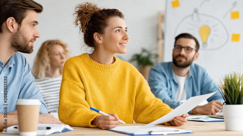 Fototapeta premium A focused young woman in a mustard sweater participates in an engaging meeting, representing teamwork, creativity, and collaboration in a professional yet relaxed environment.