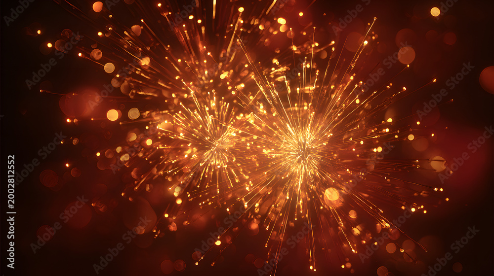 Fototapeta premium The Chinese New Year concept involves golden fireworks on a red background.