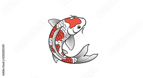 A vibrant illustration of a Japanese Koi fish with striking red and white scales, gracefully swimming in clear water, symbolizing good fortune and prosperity