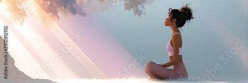 Woman meditating at sunrise in nature background for wellness and mindfulness banner or peaceful meditation wallpaper
