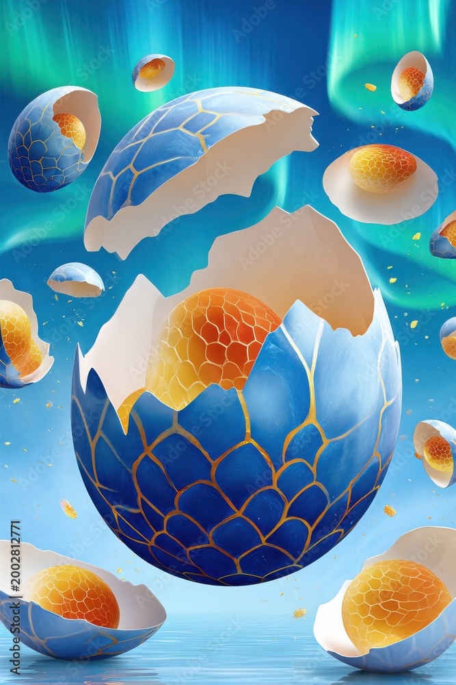 Fototapeta premium Blue dragon egg with golden scales cracking open beneath aurora sky in a surreal fantasy hatching scene