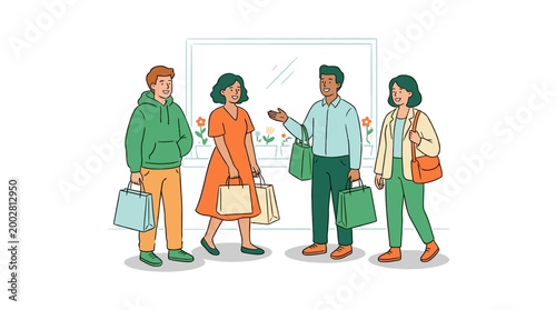 Group of people shopping and talking holding bags minimalist illustration