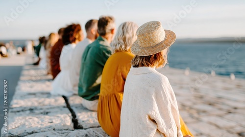A group of friends sits closely together, enjoying the sunset by the water, creating a beautiful and serene moment filled with friendship and connection with nature.