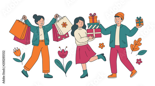 Joyful illustration of people shopping and gifting presents for various occasions