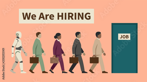 Cuadro en lienzo Job applicants including a robot in a hiring queue for employment