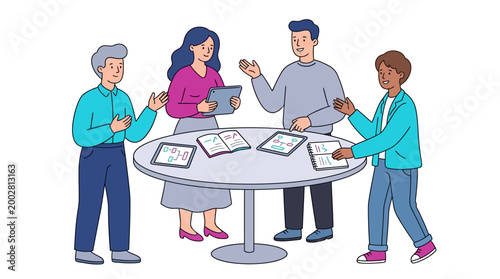 Diverse group of people collaborating around a table with technology and books