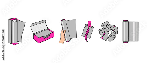 Aluminum foil roll and sheets icon set, kitchen food wrap vector collection, catering equipment supplies, packaging foil design elements for food storage, household material items, isolated on white b