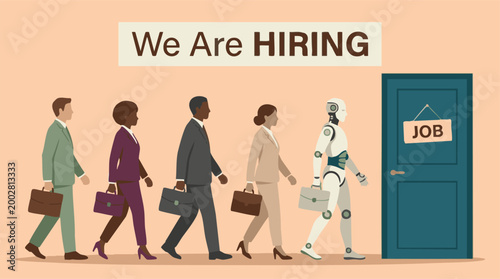 We Are Hiring: Diverse Business People and Robot Seeking Job Opportunity