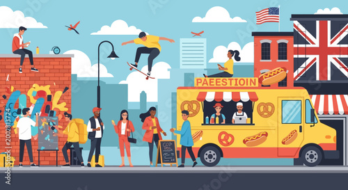 A vibrant, illustrative street scene features a food truck selling Palestinian food, a skateboarder performing tricks, and diverse people against a city skyline under a bright blue sky