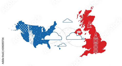 Conceptual illustration showing the United States and the United Kingdom as abstract land masses in blue and red respectively, connected by cloud shapes, set against a clean white