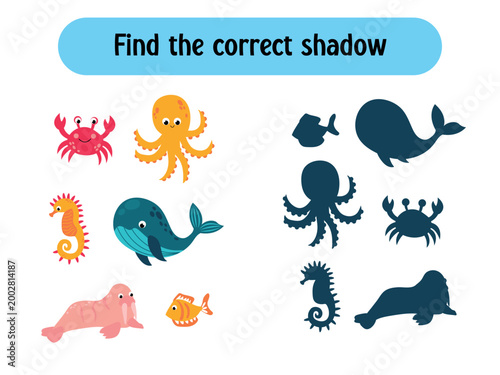 Sea animals shadow matching game for kids, printable activity worksheet.