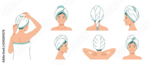 Woman with hair towel wrap set, beauty spa routine icons. Female character wearing bath turban drying wet hair after shower, self-care skincare concept, flat vector illustration collection isolated on
