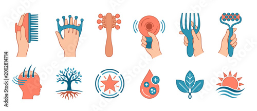 Scalp Massage Tools and Wellness Icons Set for Hair Care and Stress Relief Treatment Vector Illustration Featuring Handheld Massagers, Spa Elements, and Holistic Health Concepts for Professional Use