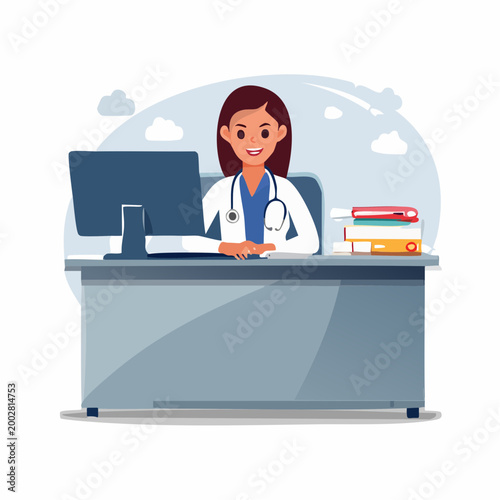 Female Doctor Working at Desk with Computer and Stethoscope
