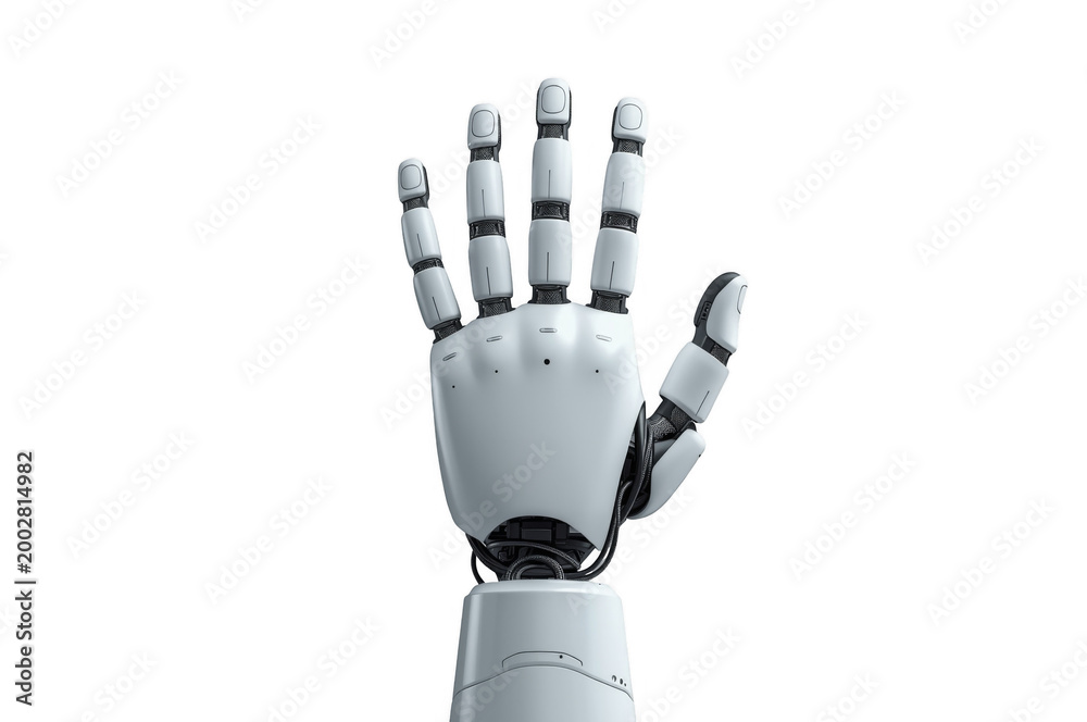 Fototapeta premium Robot hand showing palm, reaching out, transparent background