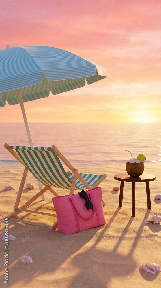 Fototapeta premium Beach scene with a deck chair, umbrella, and coconut drink at sunset, symbolizing relaxation, vacation, and tropical escape