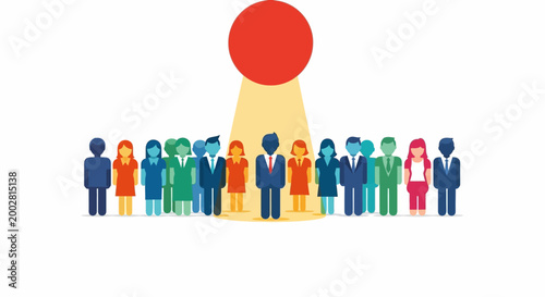 A spotlight shines on a single businessman standing out from a diverse crowd of people.