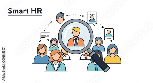 Smart HR: A visual representation of human resources management, focusing on talent acquisition and employee selection through a magnifying glass.