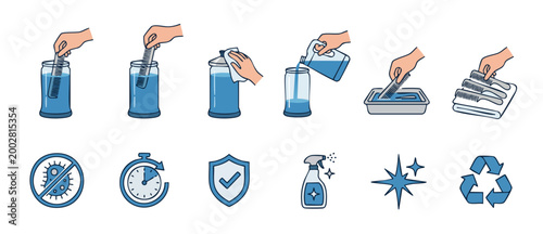 Hair Comb Sanitizing Cleaning Steps Hygiene Infographic Icon Set for Salon Equipment Sterilization Process with Antiseptic Liquid Solution, Disinfectant Spray, Timer and Protection Shield Symbols Illu