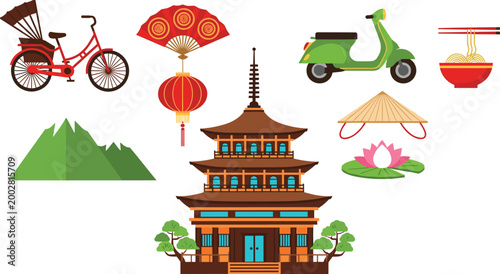 Asian Culture Icon Set Featuring Traditional Architecture, Transportation, Food, and Symbols for Travel, Culture, and Heritage Designs