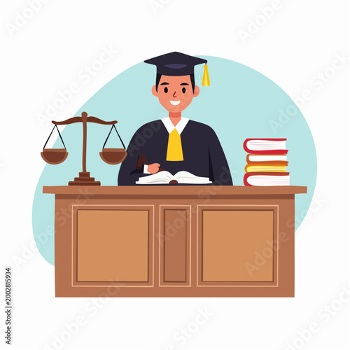 Judge in Robes with Gavel and Scales of Justice