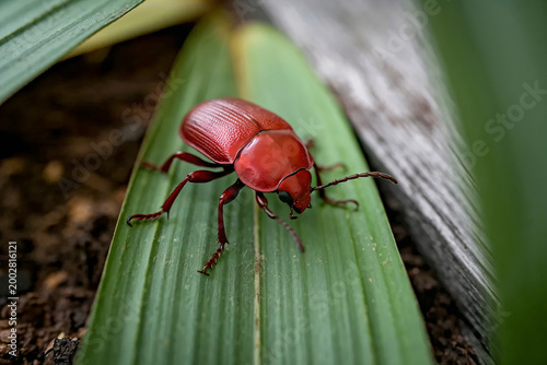 Macro close-up of a bright red beetle on a green leaf with natural textures and shallow depth of field in an outdoor environment.