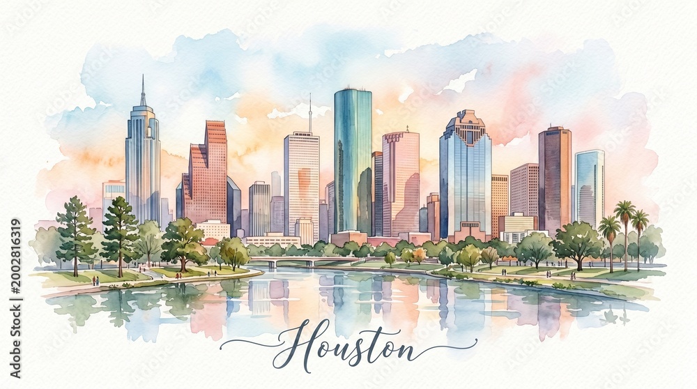 Fototapeta premium Vibrant watercolor painting of Houston's skyline showcasing iconic skyscrapers and lush green parks along a reflective water