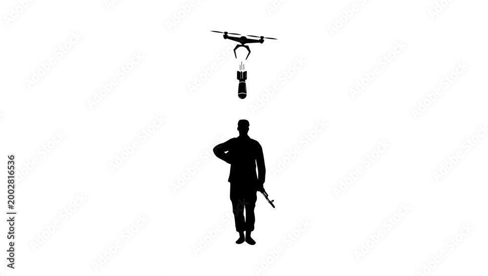 Obraz premium Drone destroying a soldier, black isolated vector silhouette