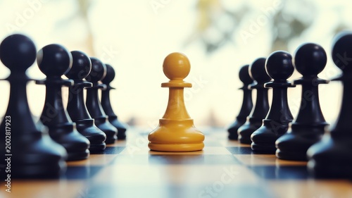 A single yellow pawn standing out against a field of black chess pawns