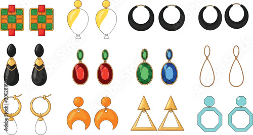Jewelry Earring Icon Set Featuring Colorful, Geometric, and Stylish Designs for Fashion, Accessories, and Jewelry Branding