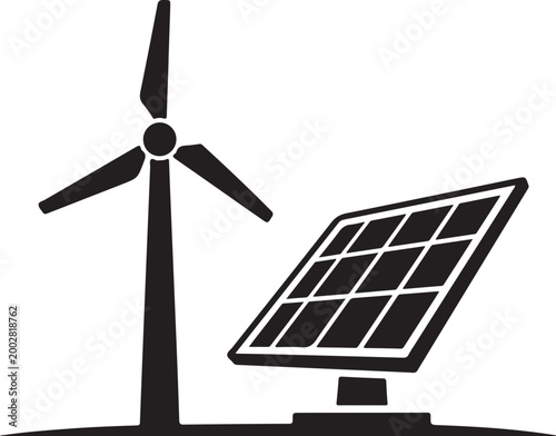 Wind turbine and solar panel illustration representing sustainable energy a black silhouette