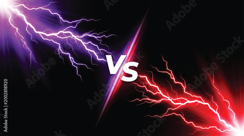 Purple and red lightning bolts clashing in dark background with vs text in center representing competition rivalry duel or versus concept for digital marketing and creative graphic design.