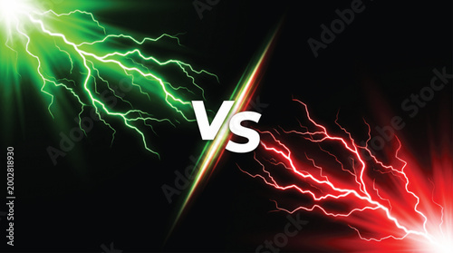 Green and red lightning bolts clashing in dark background with vs text in center representing competition rivalry duel or versus concept for digital marketing and creative graphic design.