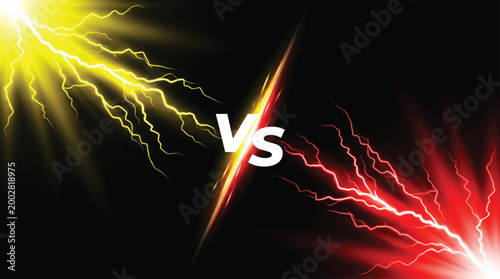 Yellow and red lightning bolts clashing in dark background with vs text in center representing competition rivalry duel or versus concept for digital marketing and creative graphic design.