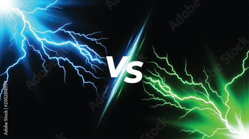 Blue and green lightning bolts clashing in dark background with vs text in center representing competition rivalry duel or versus concept for digital marketing and creative graphic design.