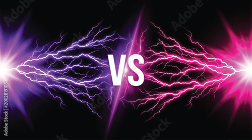Purple and pink lightning energy bolts clashing with central versus symbol in digital art composition for competitive gaming match or versus battle theme background graphic design.