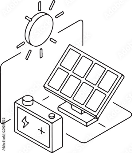 Solar panel sun rays and battery illustration in a minimalist style silhouette