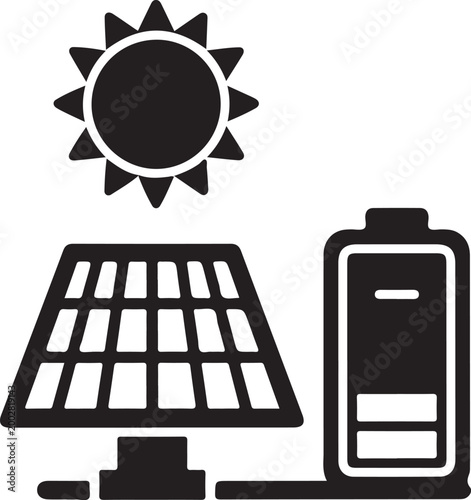 Solar panel charging a battery with a shining sun above in silhouette
