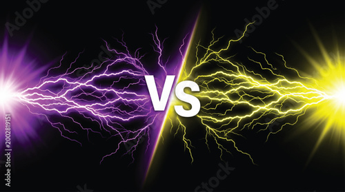 Purple and yellow lightning energy bolts clashing with central versus symbol in digital art composition for competitive gaming match or versus battle theme background graphic design.
