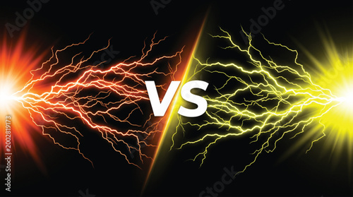 Orange and yellow lightning energy bolts clashing with central versus symbol in digital art composition for competitive gaming match or versus battle theme background graphic design.