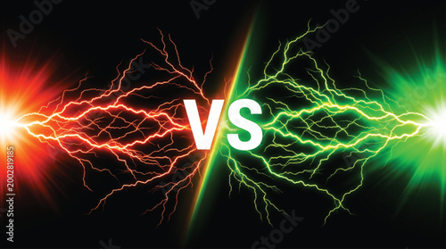 Red and green lightning energy bolts clashing with central versus symbol in digital art composition for competitive gaming match or versus battle theme background graphic design.